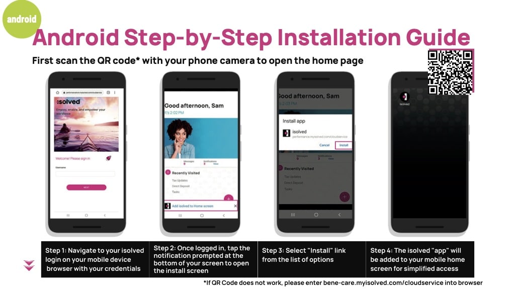 Four smartphones showing steps to install an app