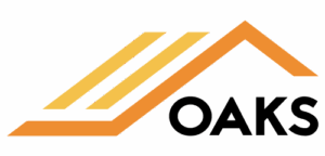 Oaks company logo in gray on black