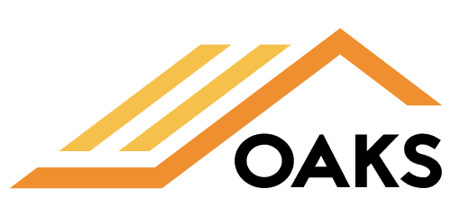 Oaks company logo in gray on black