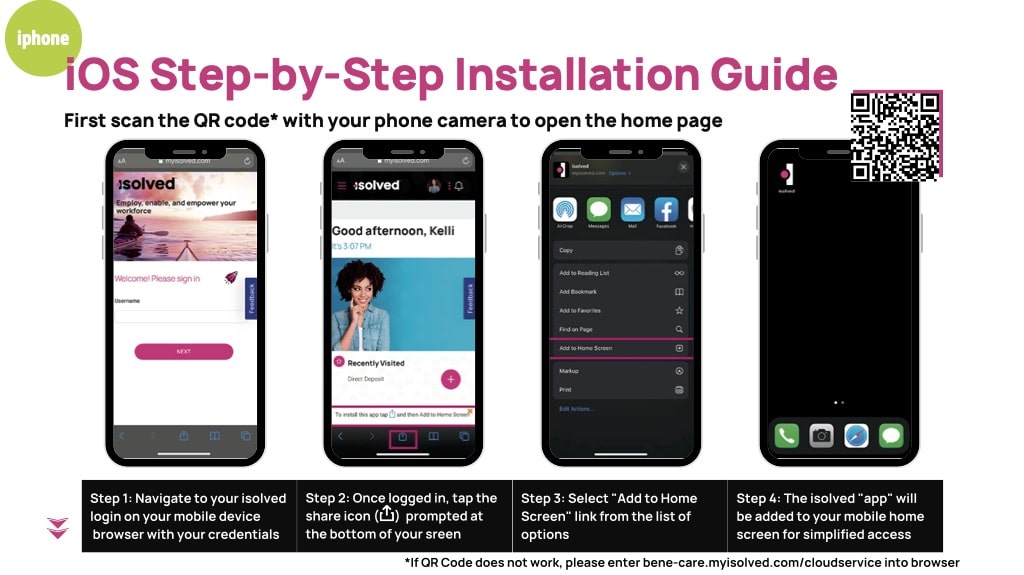 Smartphones displaying the steps to install an iOS application. A green logo and a QR code are also visible on the page.