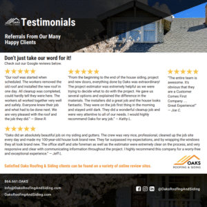 Customer testimonials for Oaks Roofing and Siding