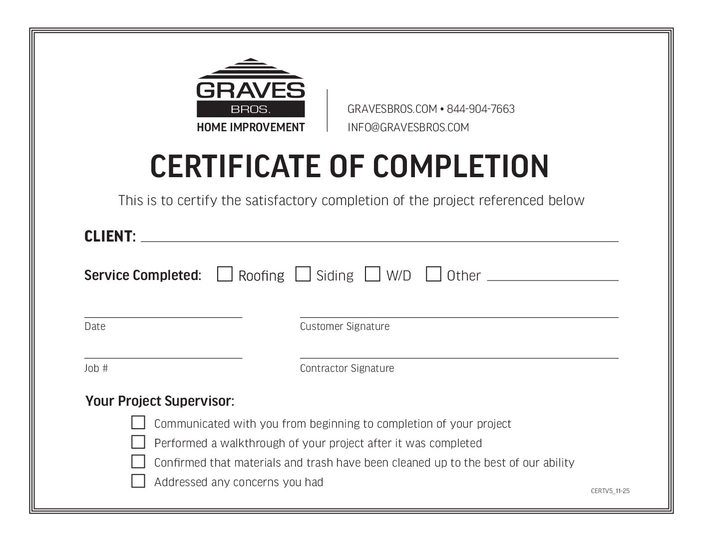 Graves Brothers Certificate of Completion