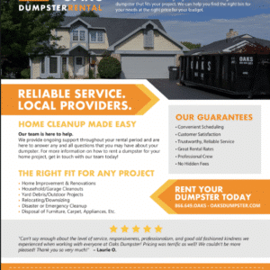 Oaks Dumpster rental service advertisement. Reliable local dumpster providers.