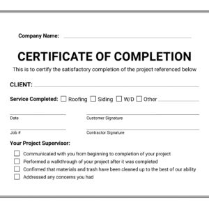 A template for a certificate of completion, blank and unfilled.
