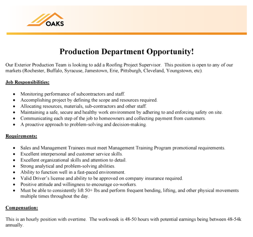 Job opportunity in production department, leading project supervisor