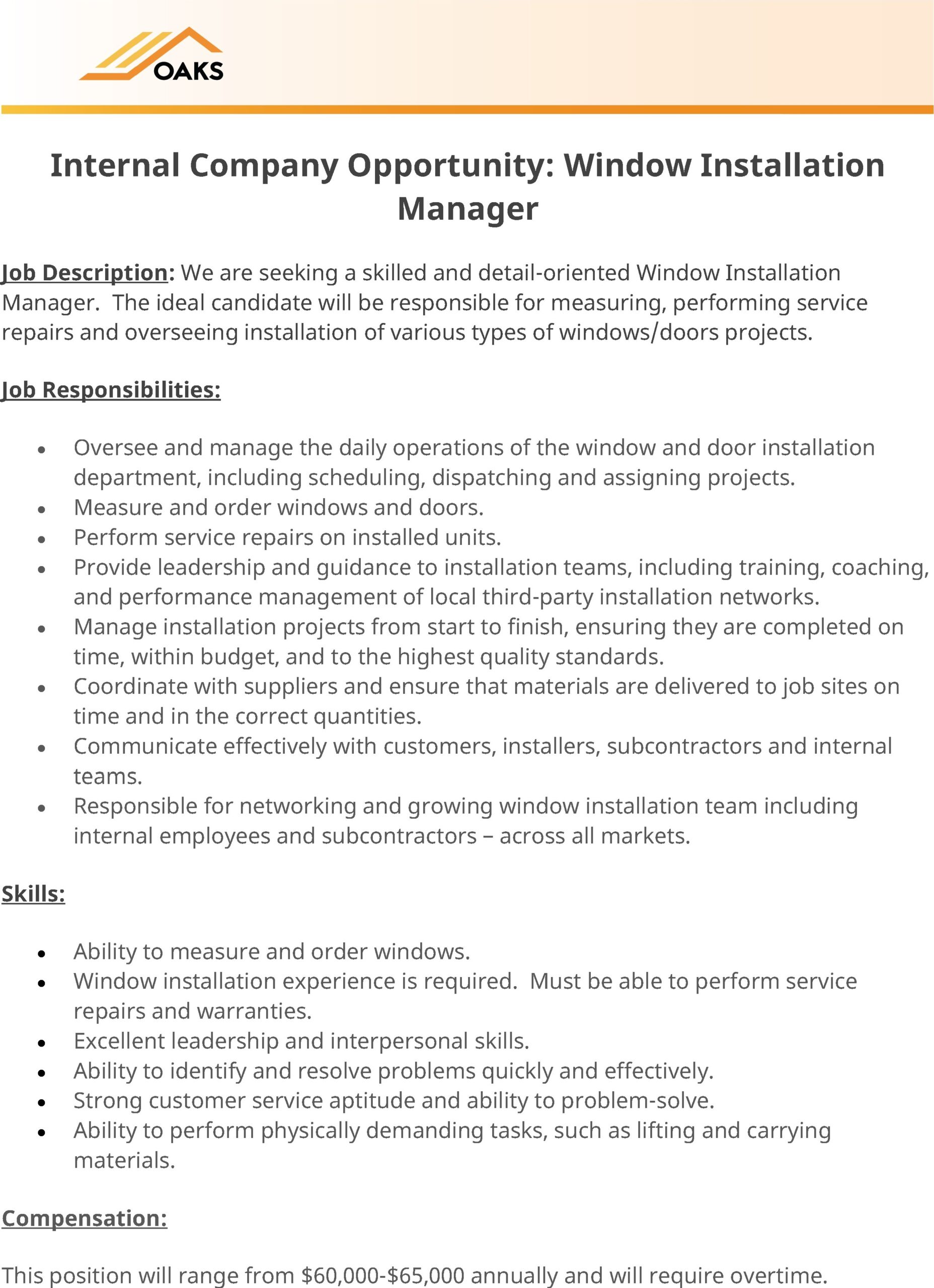 Job description for Window Installation Manager position