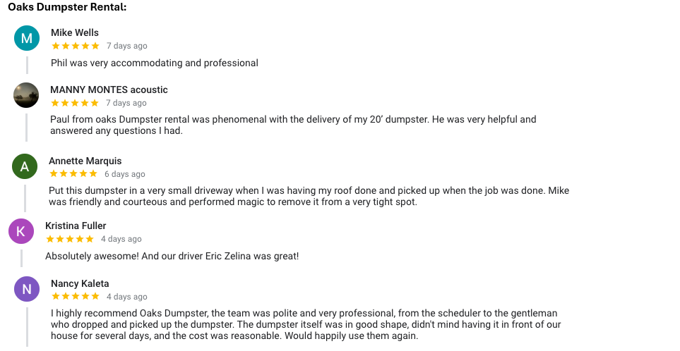 Dumpster rental customer reviews and testimonials