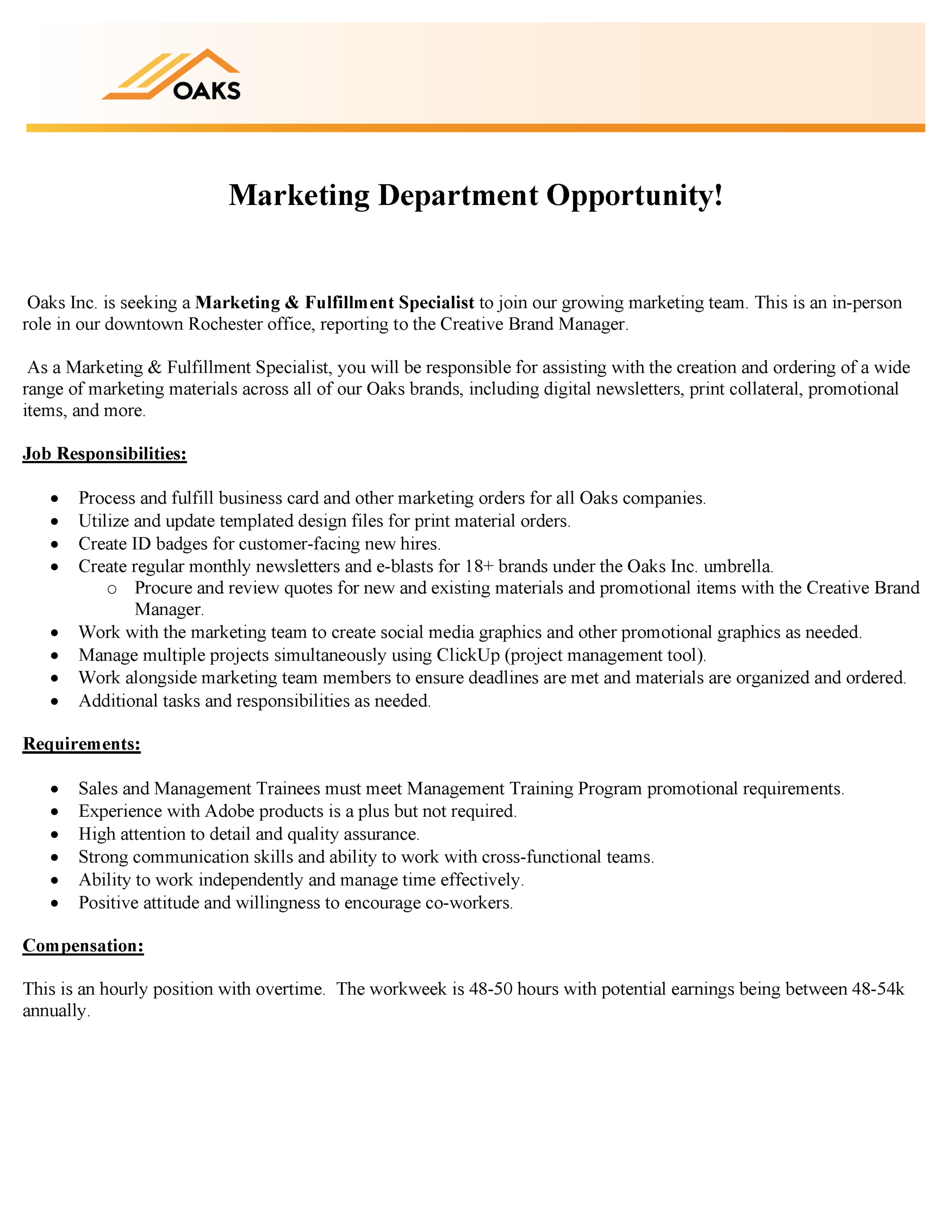 Marketing and Fulfillment Specialist job opportunity
