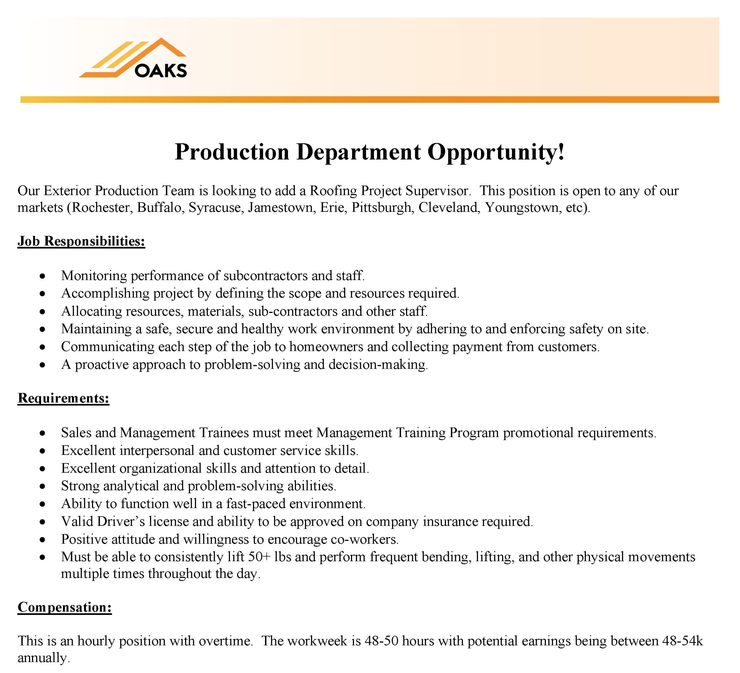 Production department job opportunity, manufacturing, industry