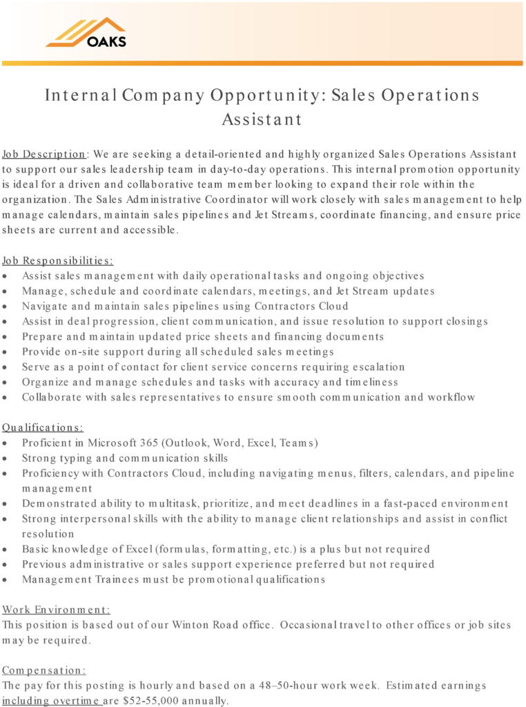 Job description for a Sales Operations Assistant position
