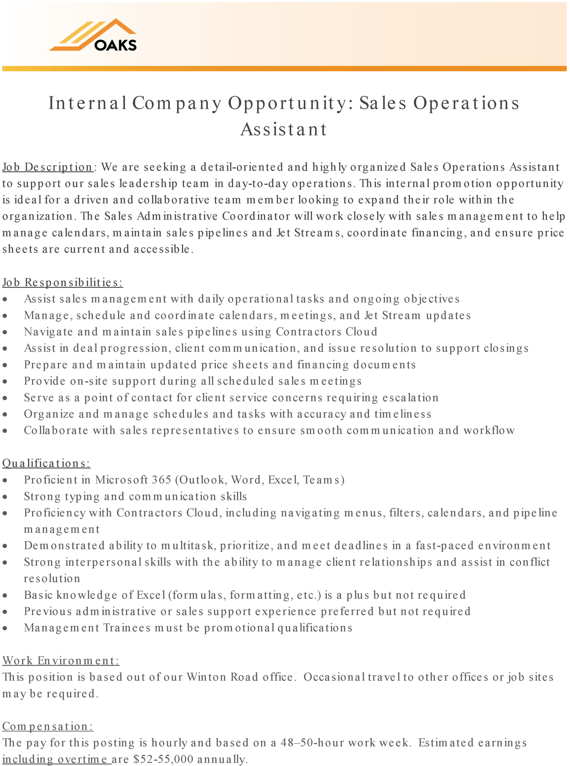 Job description for a Sales Operations Assistant position