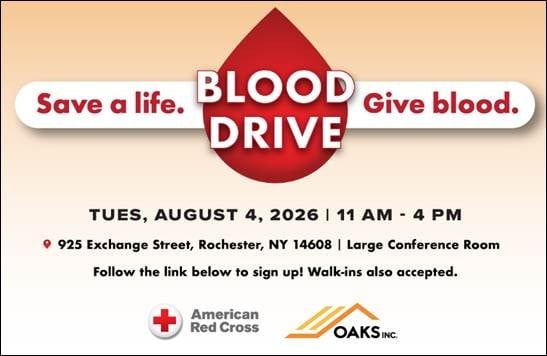 Blood Drive Event. American Red Cross and OAKS Inc. logos.