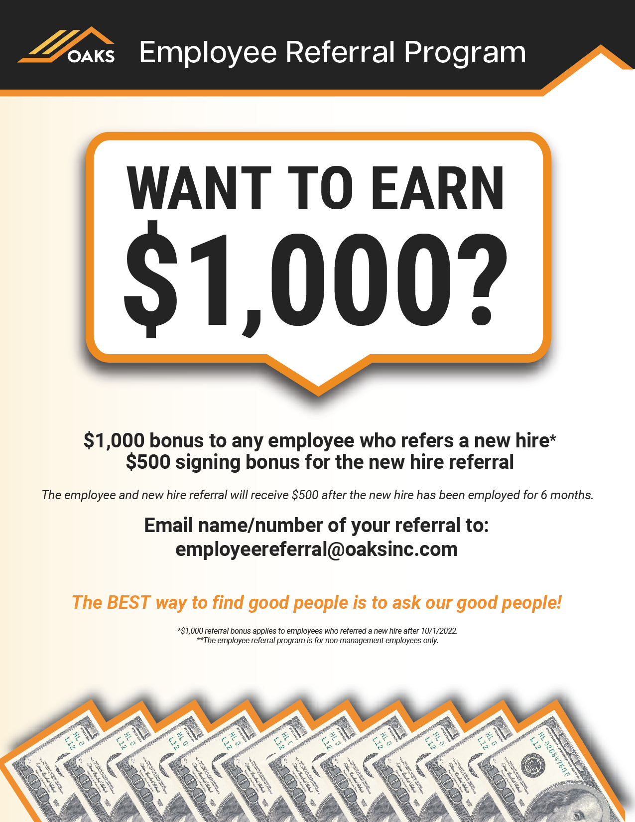 Employee referral program offering $1000 bonus