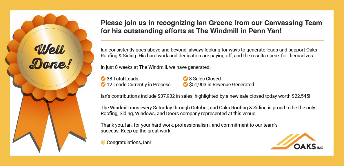 Recognition certificate for Ian Greene's outstanding efforts