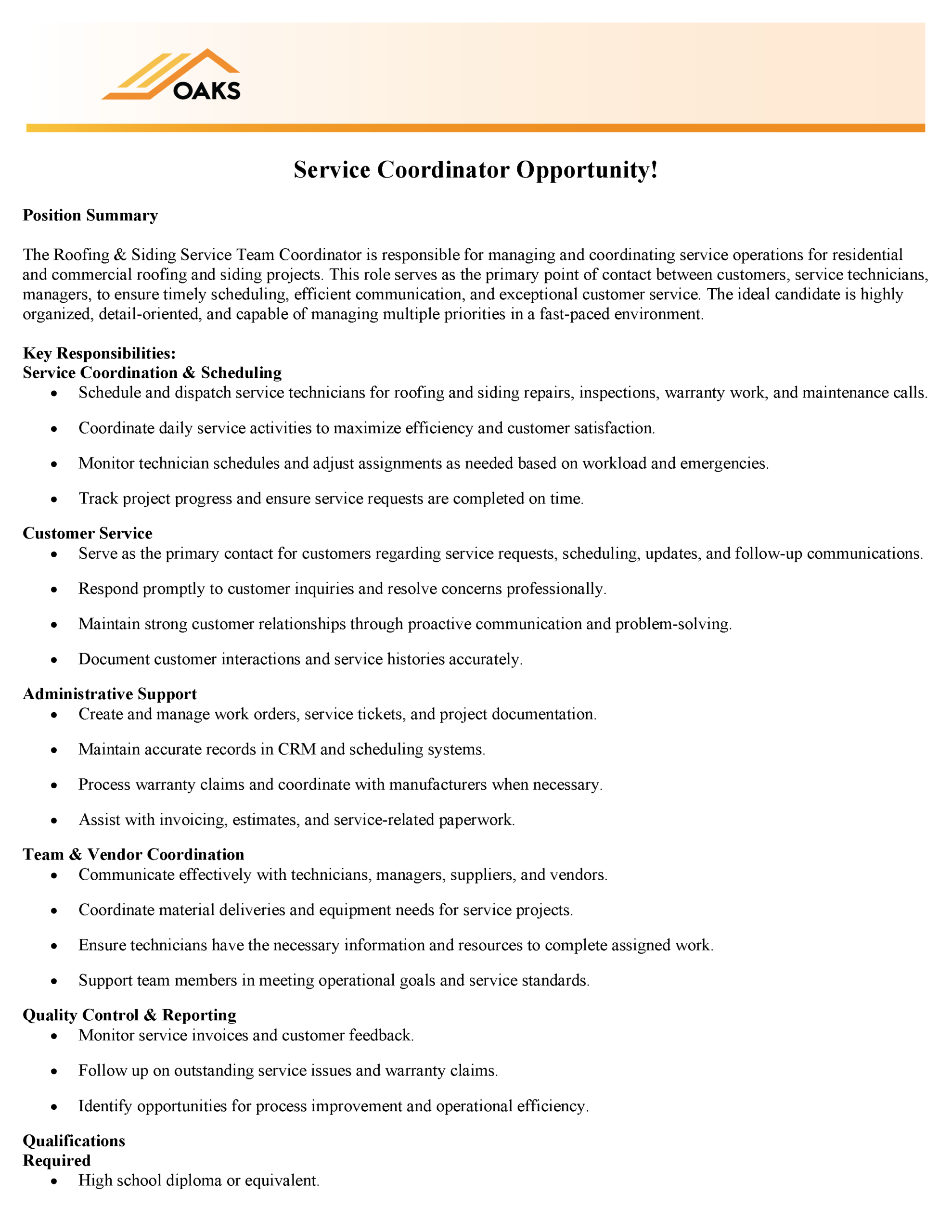 Internal Promotion Opportunity Service Coordinator