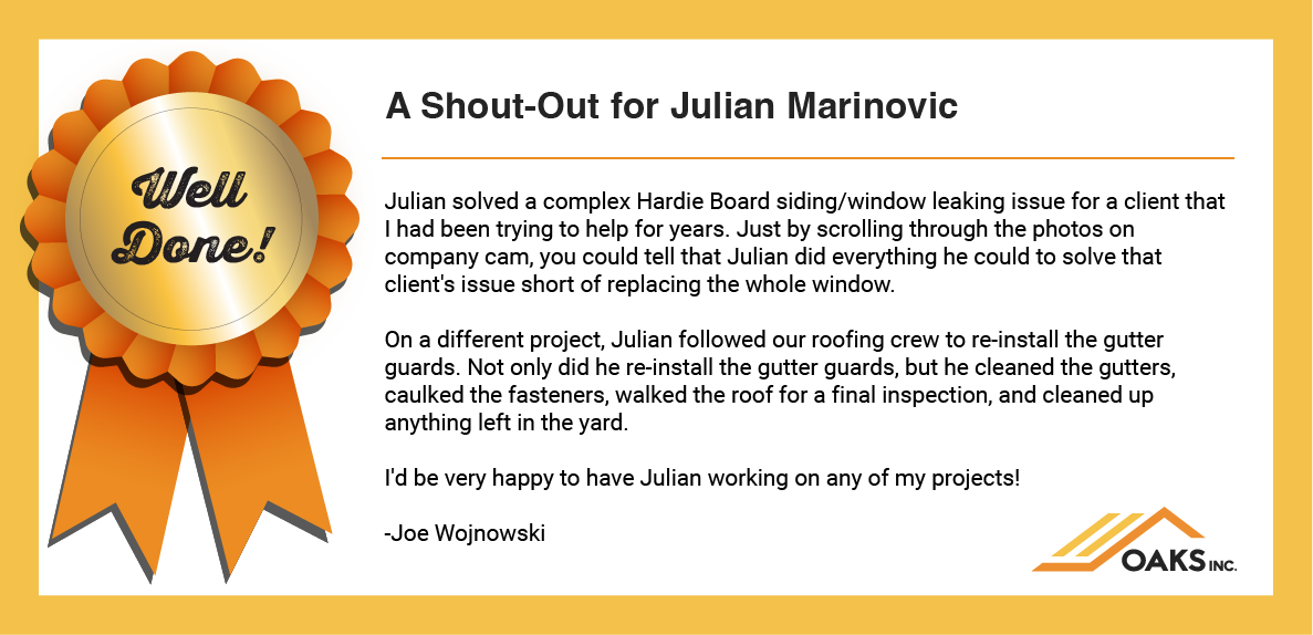A certificate with a ribbon and 'Well Done!' text. A testimonial for Julian Marinovic