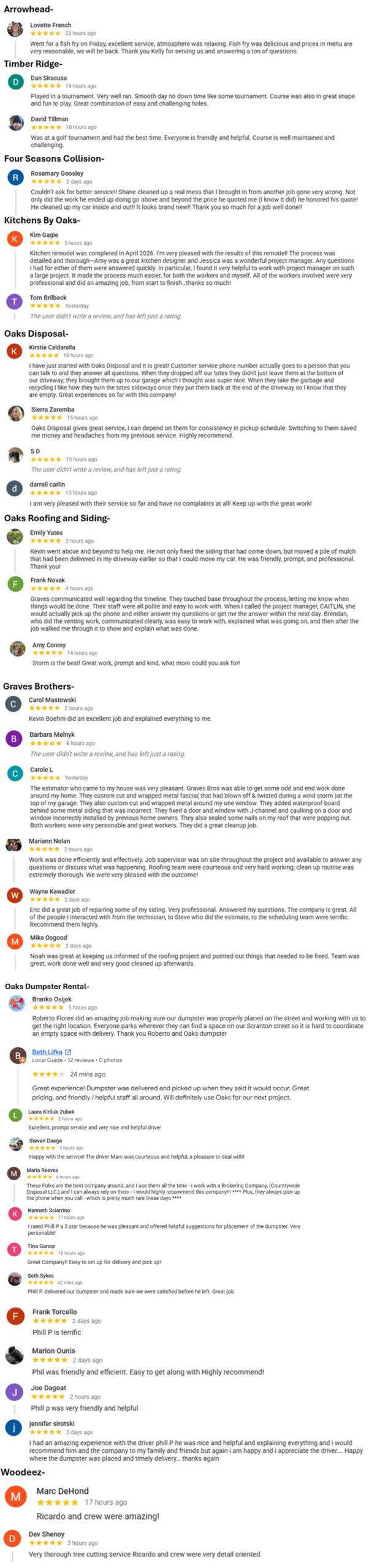 A page showcasing customer reviews with various star ratings and comments about their experiences.