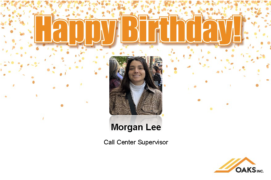 A cheerful birthday card featuring Morgan Lee, a smiling woman with long dark hair dressed in a brown jacket over a white shirt. The card includes celebratory orange confetti and the text 'Happy Birthday!'
