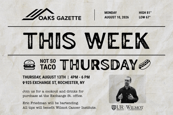 Flyer listing the 'Not So Taco Thursday' summer event in Rochester, New York. The graphic includes a photo of the bartender and details about the charities benefiting from the event.