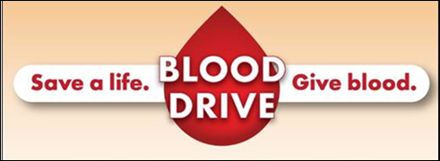 Promotional graphic for a blood drive event with the slogan 'Save a life.' A red blood drop symbolizes the cause.