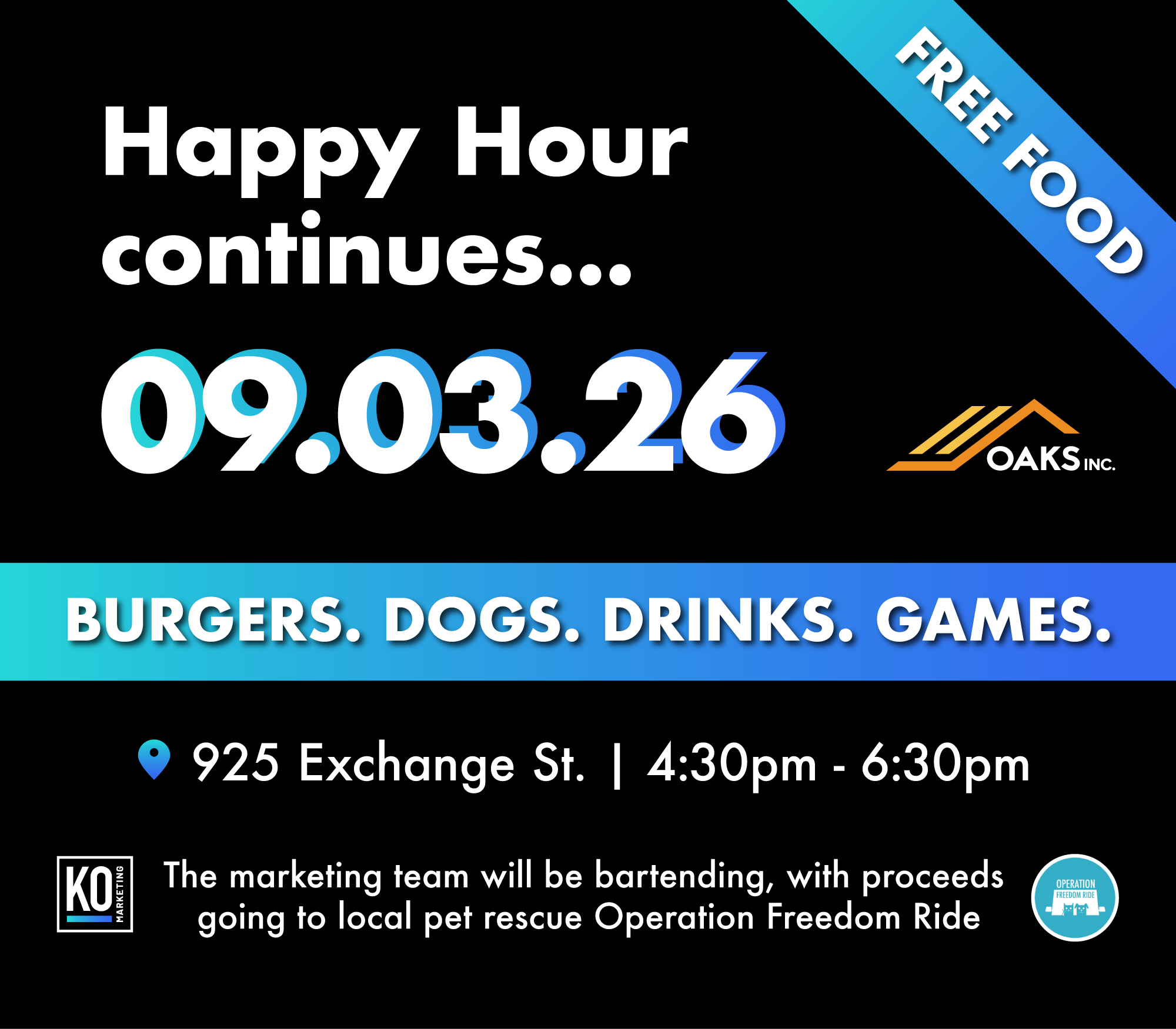Promotional graphic for a Happy Hour event on 09.03.26, featuring free food, burgers, dogs, drinks, and games. Proceeds from the event benefit Operation Freedom Ride.
