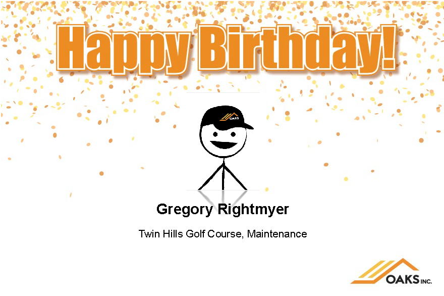 Celebratory birthday card with orange confetti and cartoon character.