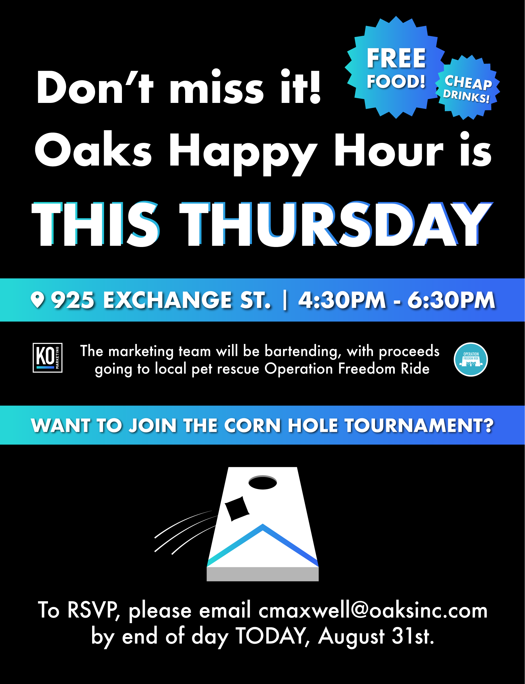 Promotional flyer for Oaks Happy Hour featuring corn hole tournament and charity details.