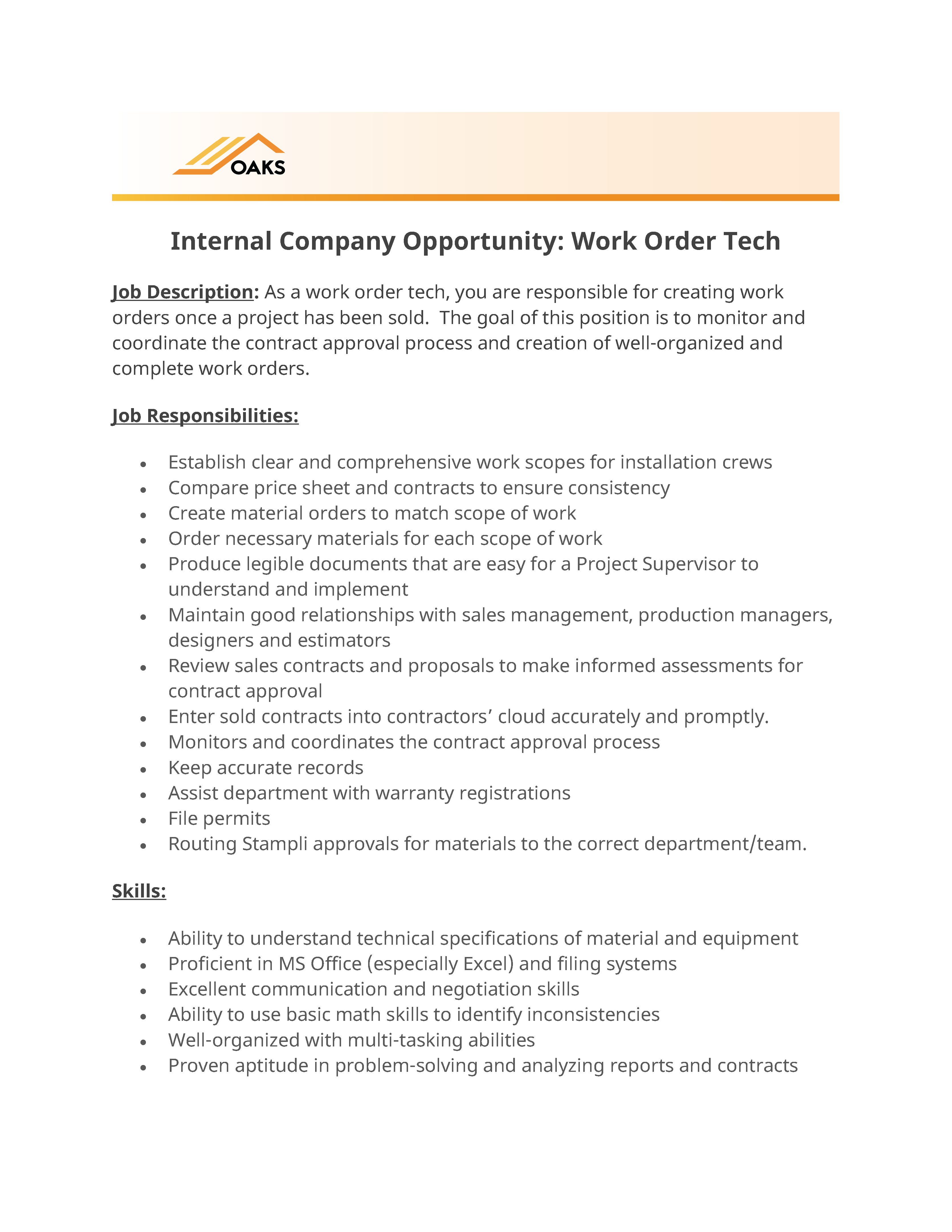 Job description for a Work Order Tech position at OAKS.