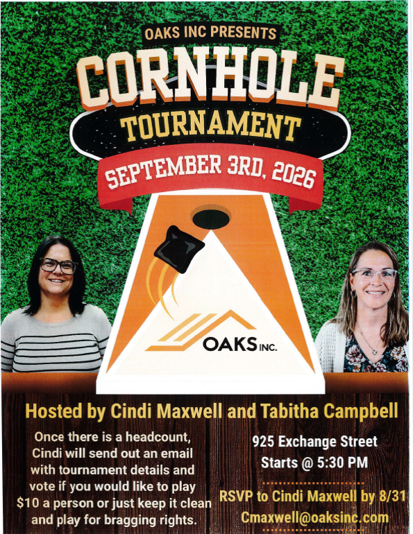 A flyer for the Oaks Inc Cornhole Tournament on September 3rd, 2026, hosted by Cindi Maxwell and Tabitha Campbell.
