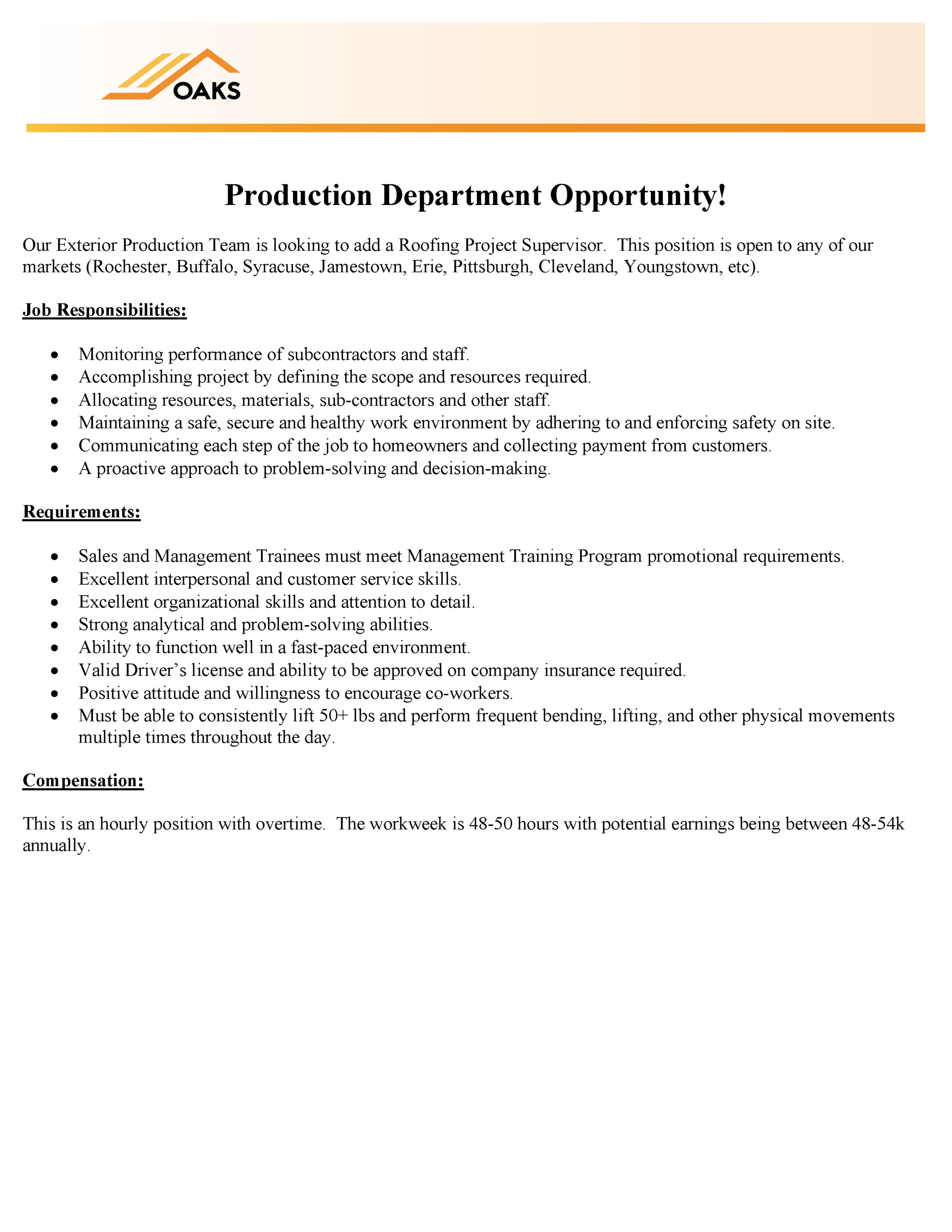 Document Outline for a Roofing Project Supervisor position at Oaks, highlighting key requirements and responsibilities.