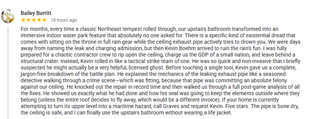 Review of exceptional pipe repair service by Kevin Boehm.