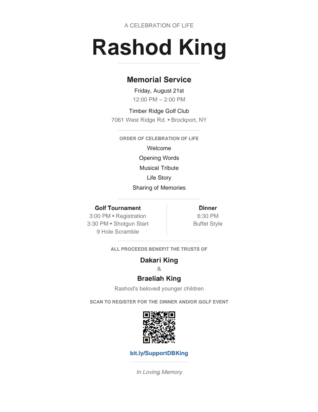 This is a formal invitation to the memorial service for Rashod King, scheduled for August 21.
