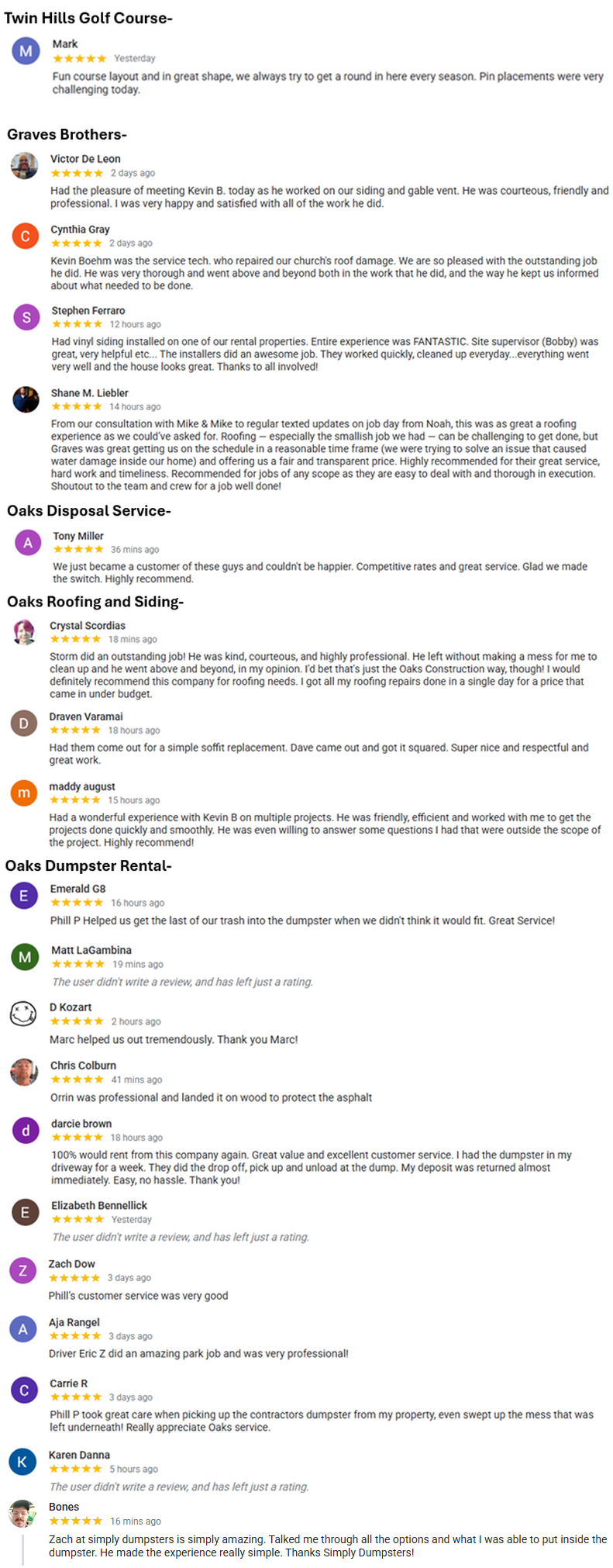 Screenshot of various positive customer testimonials for RMIK golf services and products.
