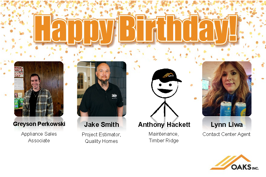 A collage-style image celebrating birthdays of Oaks Inc employees with photos, names, and job titles against a confetti background.