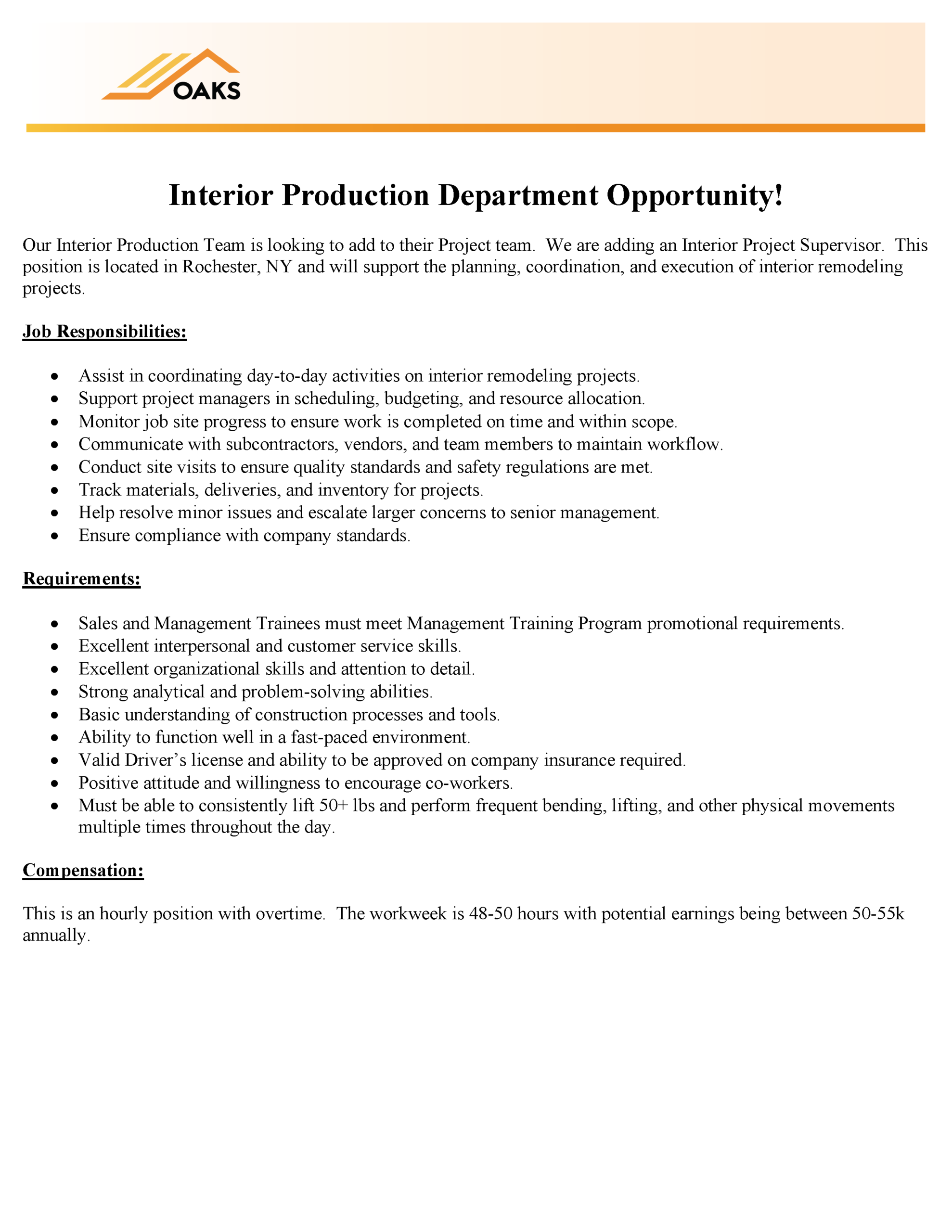A job description document for an Interior Production Department opportunity at Oaks. The header includes the Oaks company logo and orange accents.