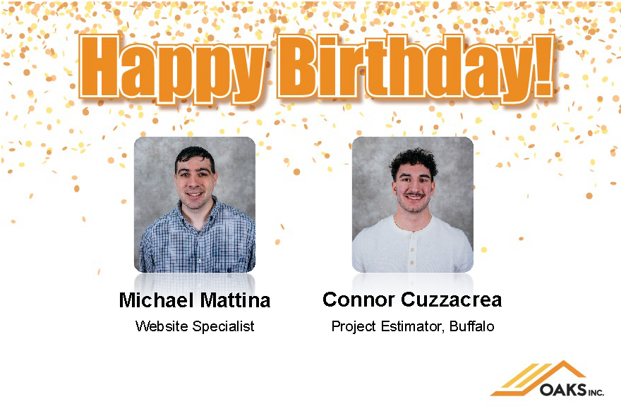 Birthday wishes for Michael and Connor with confetti and OAKS Inc. logo.