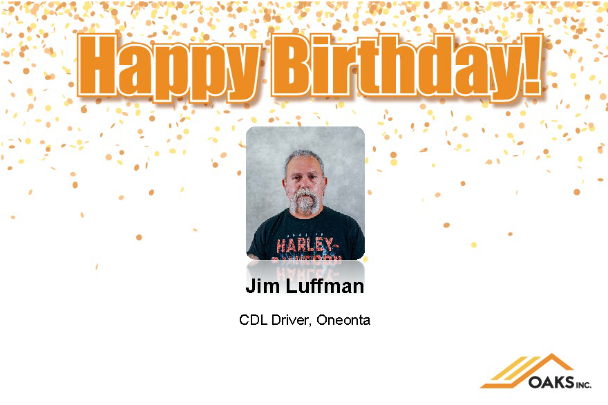 A celebratory image featuring Jim Luffman, a CDL driver from Oneonta. The graphic includes festive orange confetti and congratulatory text.
