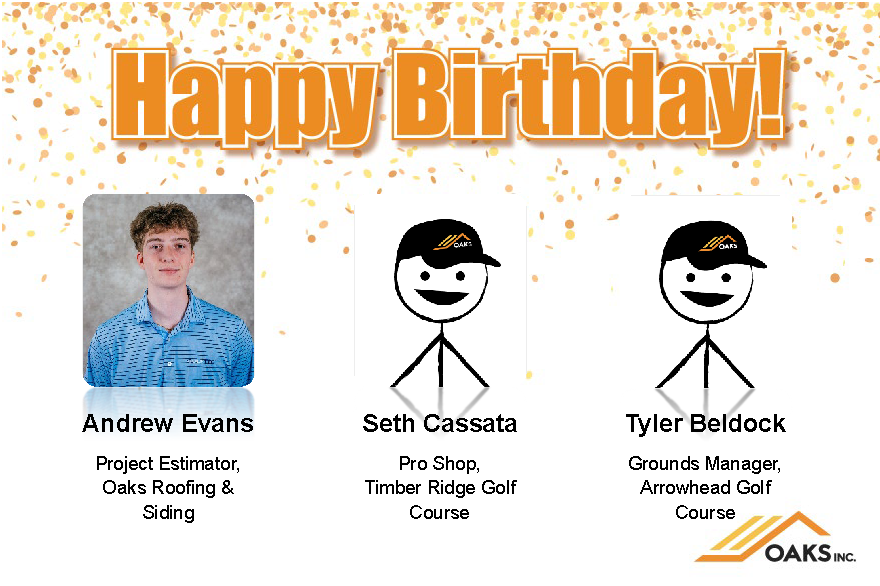 Celebratory graphic wishing happy birthday to three employees. Includes names, photos or avatars, and job titles.