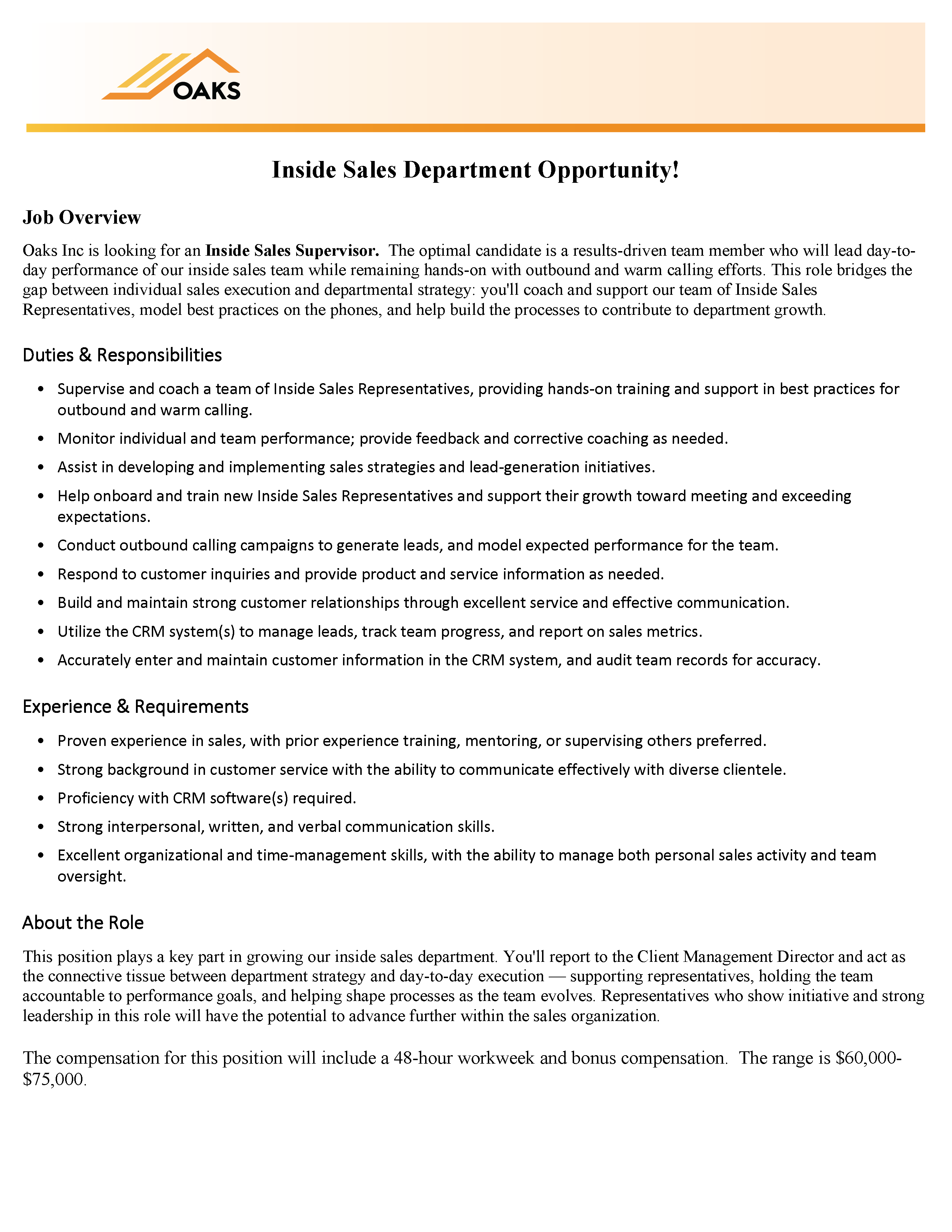 A job posting for an Inside Sales Supervisor at Oaks, detailing responsibilities, requirements, and compensation.