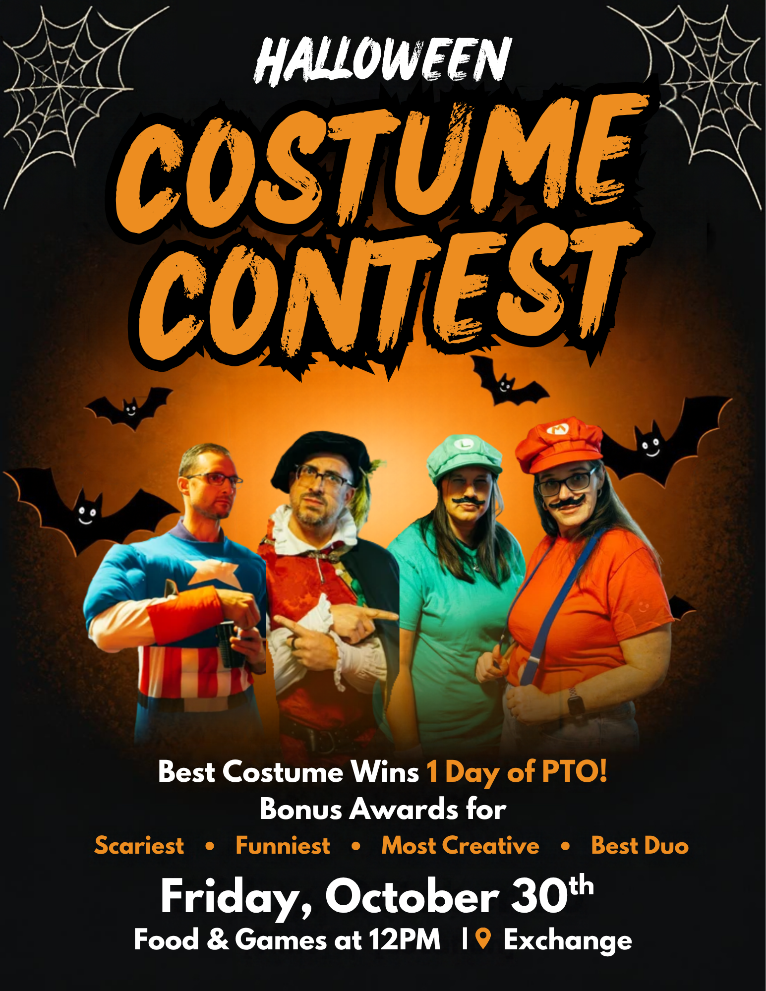 Promotional flyer for a Halloween costume contest with employees in costumes, offering a day of PTO for the best outfit.