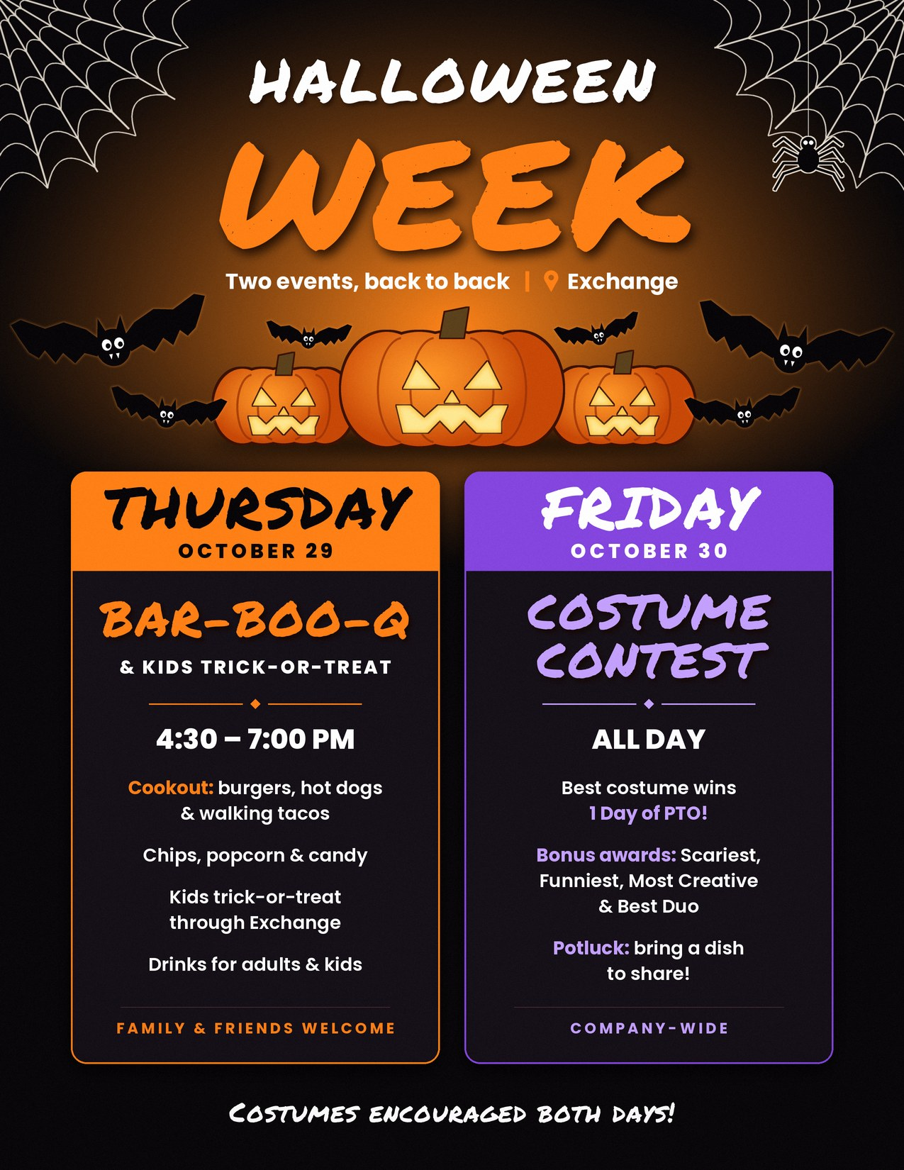 Poster announcing Halloween Week events including Bar-Boo-Q and Costumed Contest.