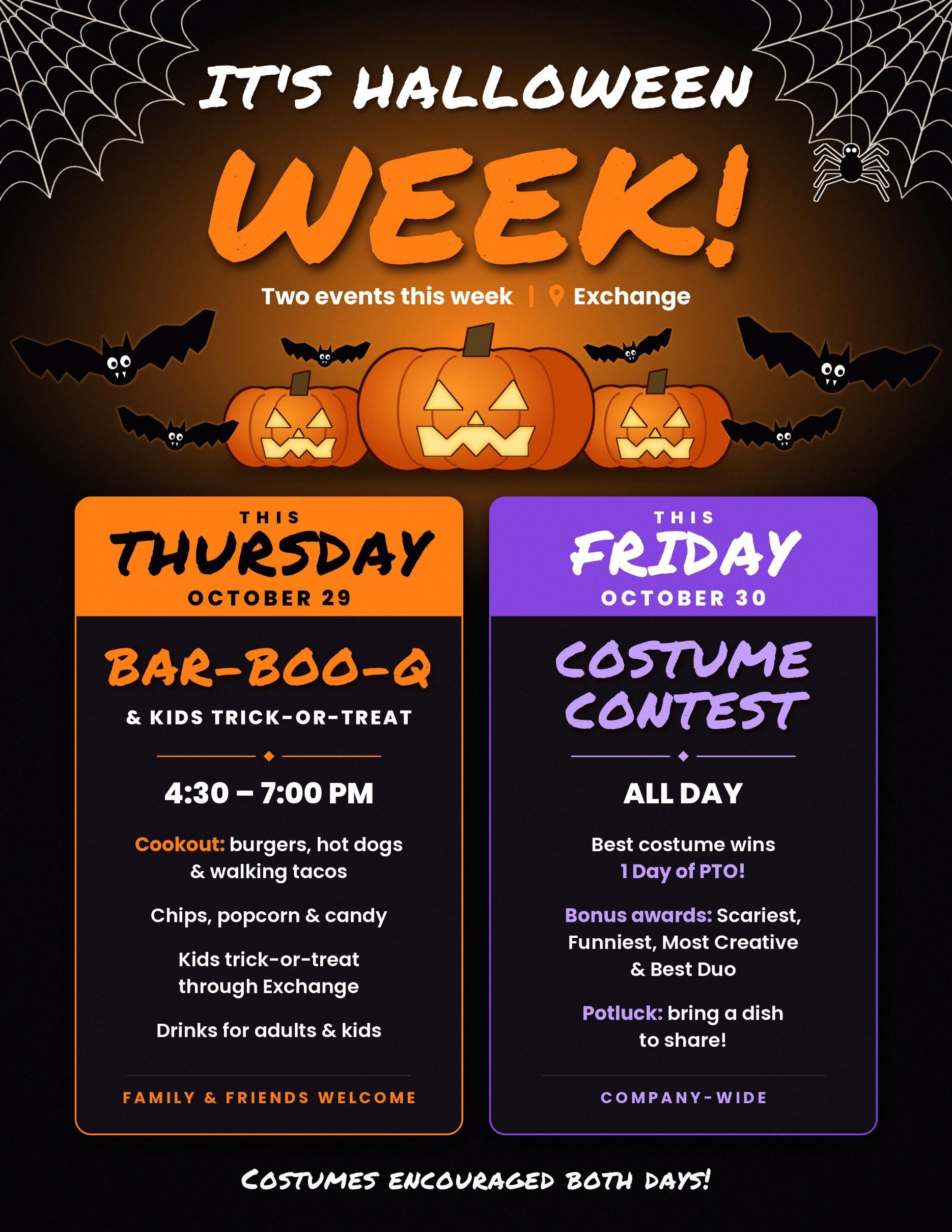 Poster announcing a Halloween Week with a Thursday Bar-Boo-Q and a Friday Costume Contest. Festive graphics include pumpkins, bats, and spiderwebs.