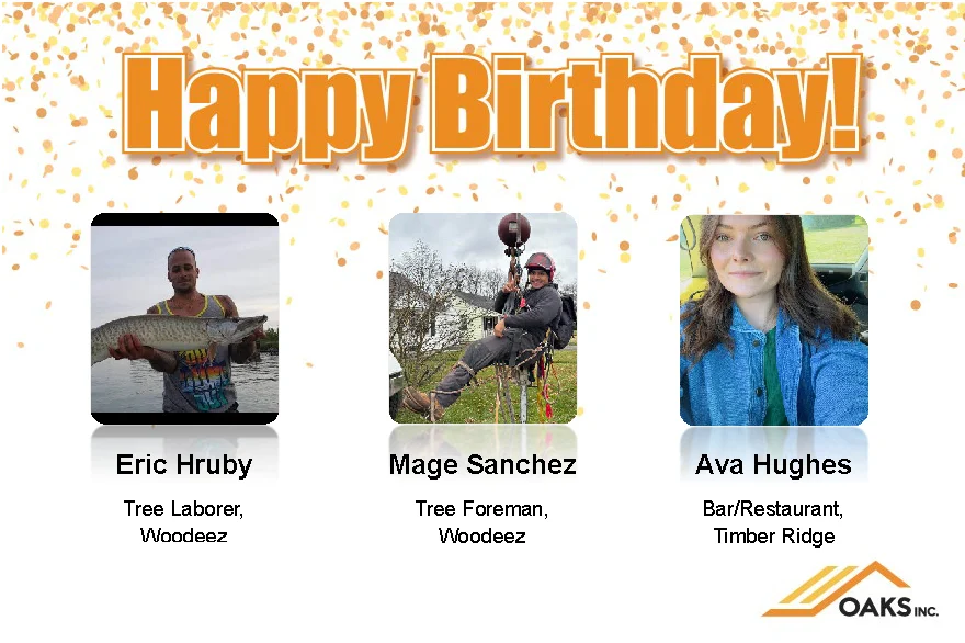 A birthday celebration graphic from OakS Inc. featuring three employees: Eric Hraby as a Tree Laborer, Mage Sanchez as a Tree Foreman, and Ava Hughes from the Bar/Restaurant Timber Ridge.