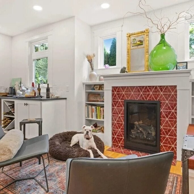 A dog sitting by a fireplace in a living room, surrounded by comfortable furniture.