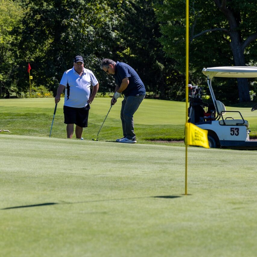 Two men playing golf on a green. A golf cart is nearby.